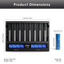 XTAR VC8 charger dimensions – 190mm x 147mm x 41mm, with 8x Samsung 20S Flat Top batteries (65mm x 18mm each).