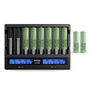 XTAR VC8 8-slot smart charger with 8x Samsung 25R Button Top 18650 batteries – high-capacity power kit for heavy users.