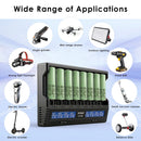 XTAR VC8 charger and Samsung 25R Flat Top batteries powering EDC lights, drones, and custom battery packs.