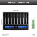 XTAR VC8 charger dimensions – 190mm x 147mm x 41mm, with 8x Samsung 25R Flat Top batteries (65mm x 18mm each).