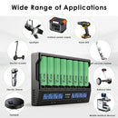 XTAR VC8 charger and Samsung 50S flat top batteries powering professional fleet equipment, heavy maintenance tools, and large-scale field crew gear.