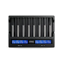 XTAR VC8S 8-slot smart battery charger with LCD display and QC 3.0 fast charging, loaded with 18650 and AA batteries.