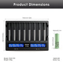 XTAR VC8S charger dimensions – 190mm x 147mm x 41mm, with 8x Samsung 25R Button Top batteries (65mm x 18mm each).