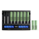 XTAR VC8S 8-slot smart charger with LCD, QC 3.0, and 8x Samsung 25R Flat Top 18650 batteries – premium power kit.