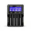 XTAR VX4 V2 4-slot smart battery charger with high-definition LCD display and dual mode switch, supporting Li-ion, LiFePO4, 1.5V and NiMH batteries. Batteries NOT included.