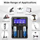 XTAR VX4 V2 charger featuring 3A PD fast charging with LCD display showing voltage current capacity, compatible with USB charging sockets, computers, power banks, and car chargers.