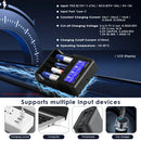 XTAR VX4 V2 smart charger showing manual 3A/2A/1A/0.5A/0.25A adjustable currents, high-definition LCD display with real-time voltage and capacity, and Type-C PD 20W input for fast charging.