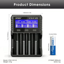 XTAR VX4 V2 charger dimensions 130mm x 112mm x 35mm and weight 315g, compact 4-slot design for desktop and travel use with 21700HP 5000mAh battery.