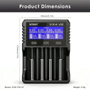 XTAR VX4 V2 4-slot charger detailed dimensions measuring 172mm length, 130mm width, 41.5mm height, and 315g weight, with input voltage and charging current specs.