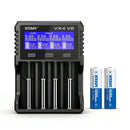 XTAR VX4 V2 4-slot smart battery charger bundled with two 21700HP 5000mAh 25A high drain batteries, 3A PD fast charging with LCD display and capacity tester.